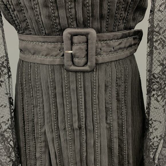 PRADA Size 10 Black Pleated Silk Lace Top Long Sleeve Cocktail Dress - Picture 4 of 8